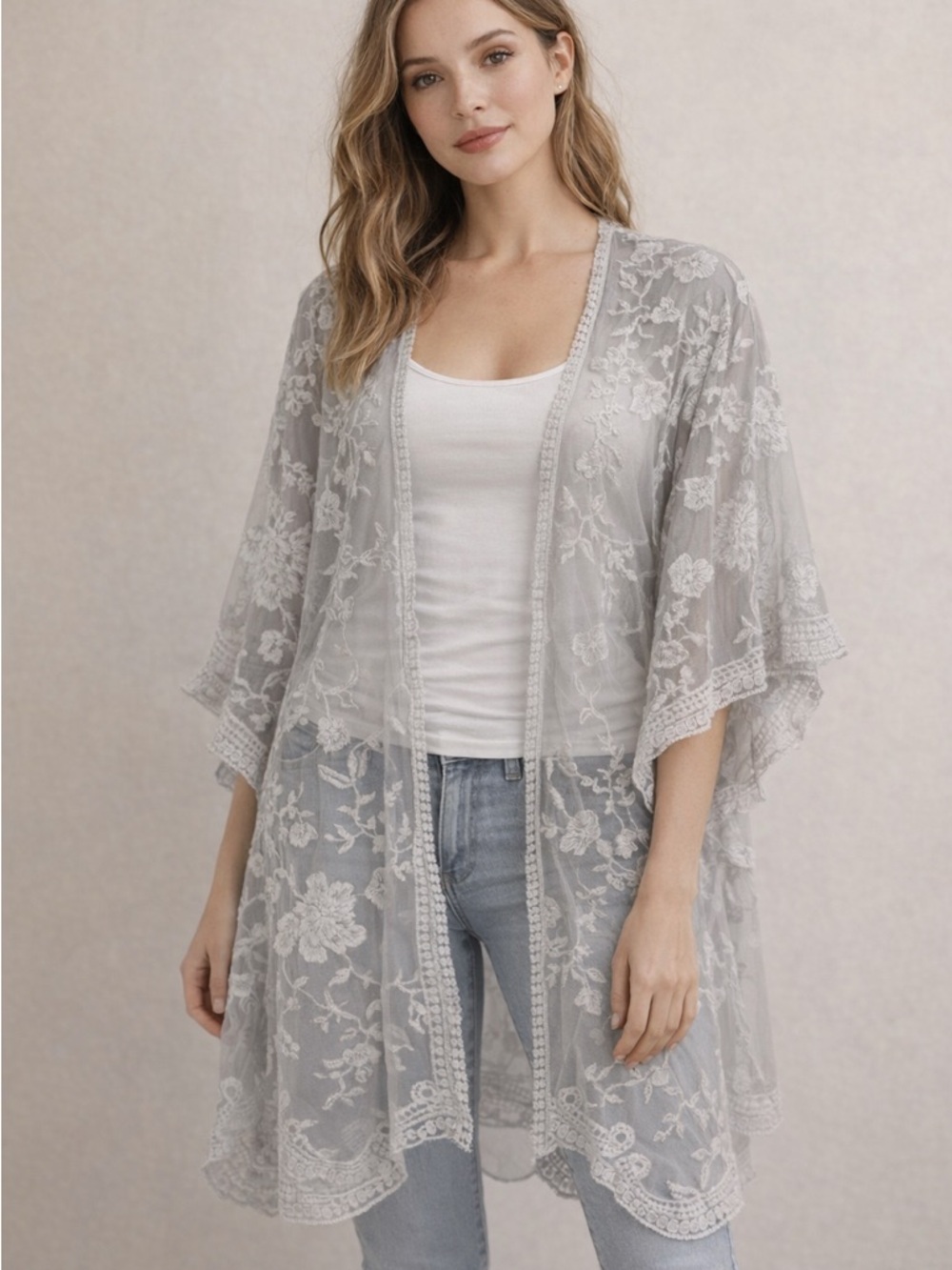 Dizzy Gal White Sheer Embroidered Lace Kimono